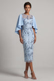 Sky Blue Floral Bodycon Beaded Midi Mother of the Bride Dress with Cape