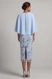 Sky Blue Floral Bodycon Beaded Midi Mother of the Bride Dress with Cape