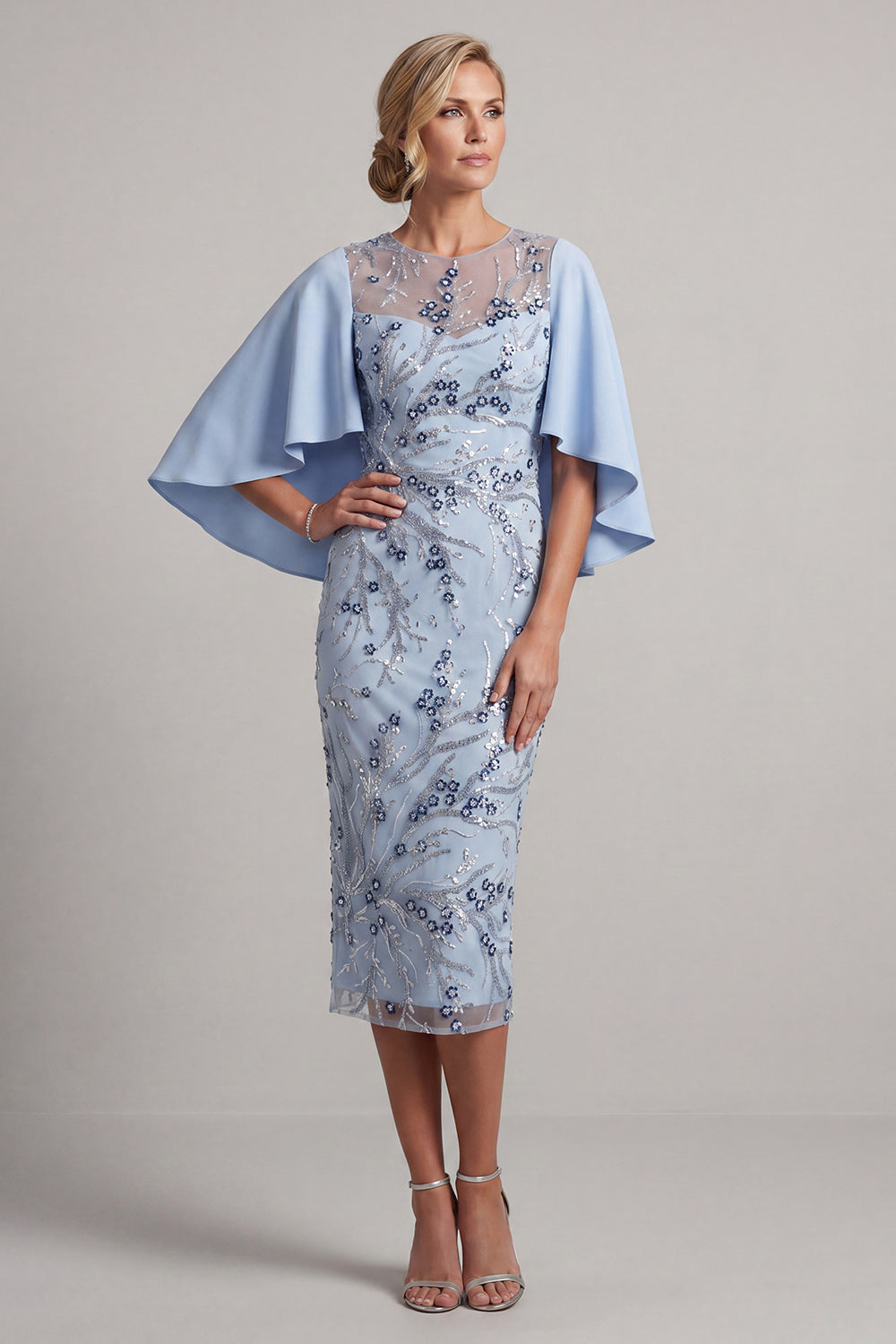 Sky Blue Floral Bodycon Beaded Midi Mother of the Bride Dress with Cape