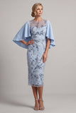 Sky Blue Floral Bodycon Beaded Midi Mother of the Bride Dress with Cape