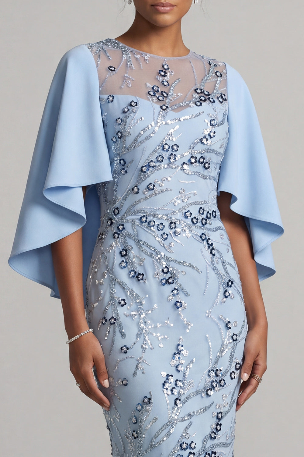 Sky Blue Floral Bodycon Beaded Midi Mother of the Bride Dress with Cape