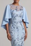 Sky Blue Floral Bodycon Beaded Midi Mother of the Bride Dress with Cape