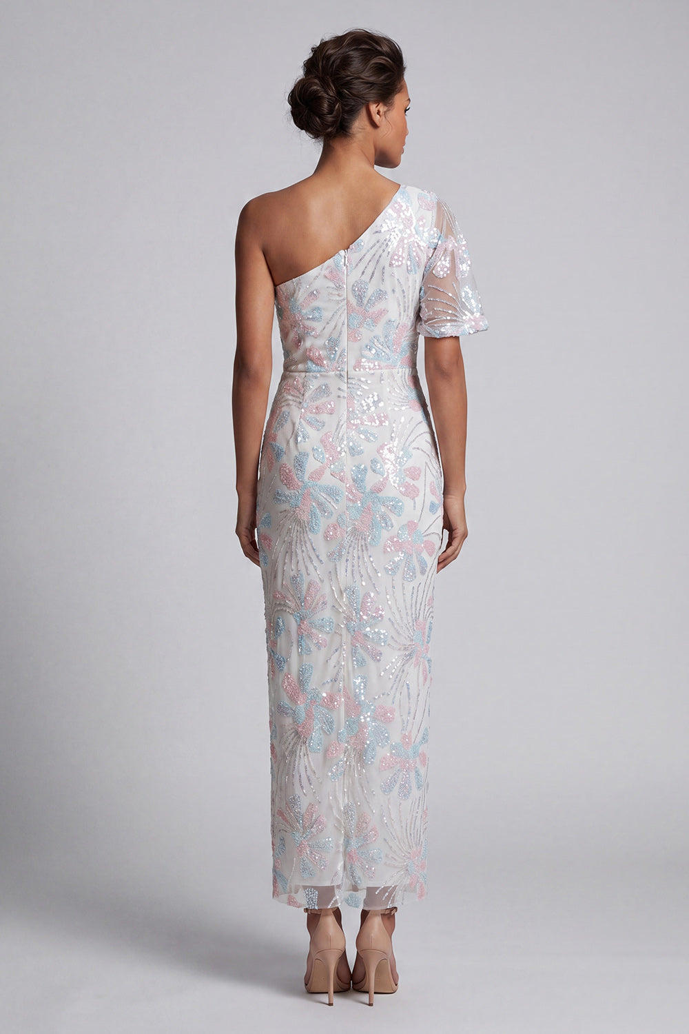 White Sheath One Shoulder Sequins Long Floral Mother of the Bride Dress