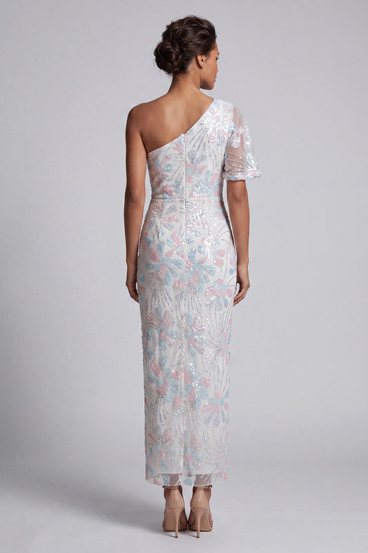 White Sheath One Shoulder Sequins Long Floral Mother of the Bride Dress