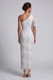 White Sheath One Shoulder Sequins Long Floral Mother of the Bride Dress