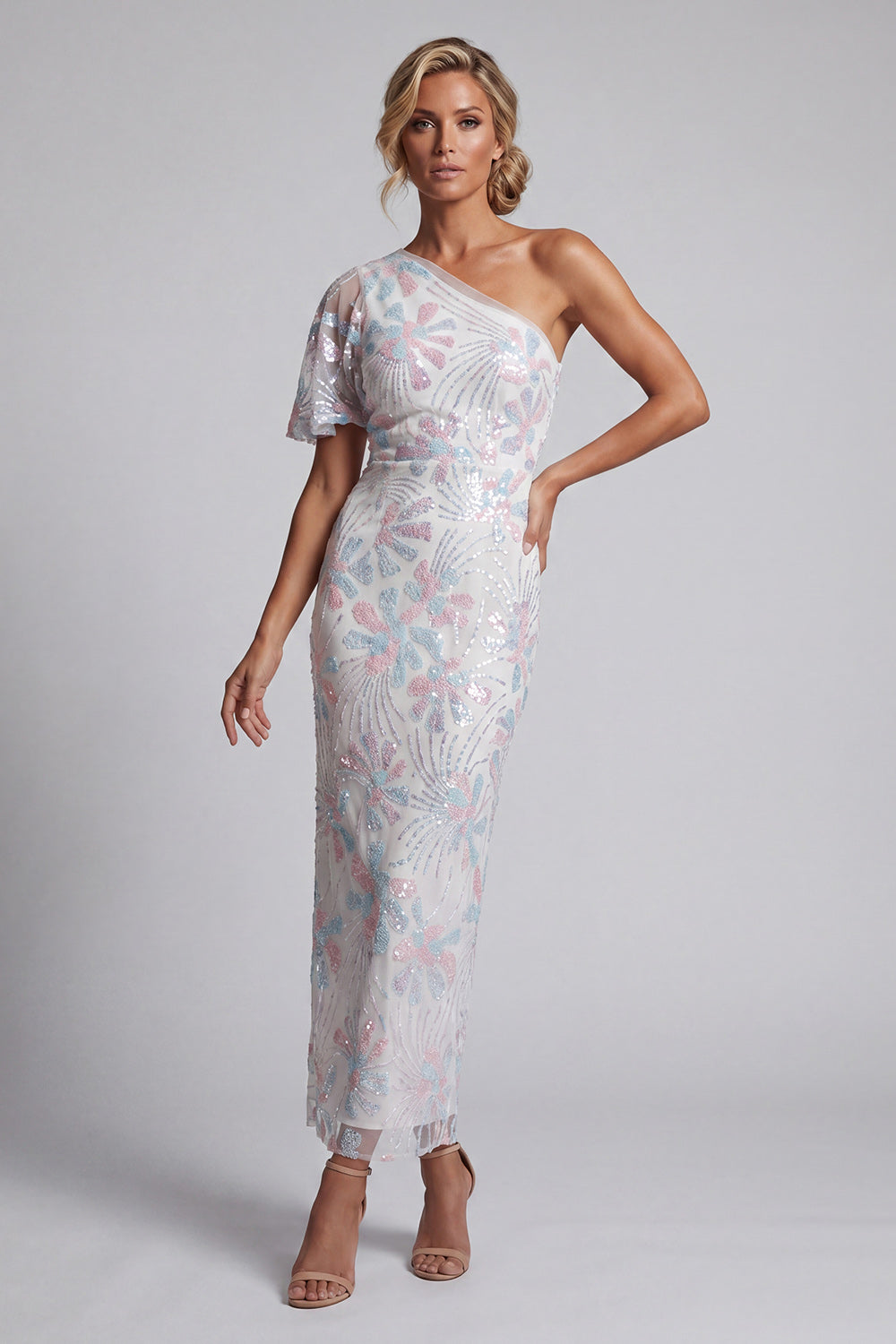 White Sheath One Shoulder Sequins Long Floral Mother of the Bride Dress