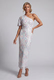 White Sheath One Shoulder Sequins Long Floral Mother of the Bride Dress