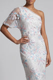 White Sheath One Shoulder Sequins Long Floral Mother of the Bride Dress