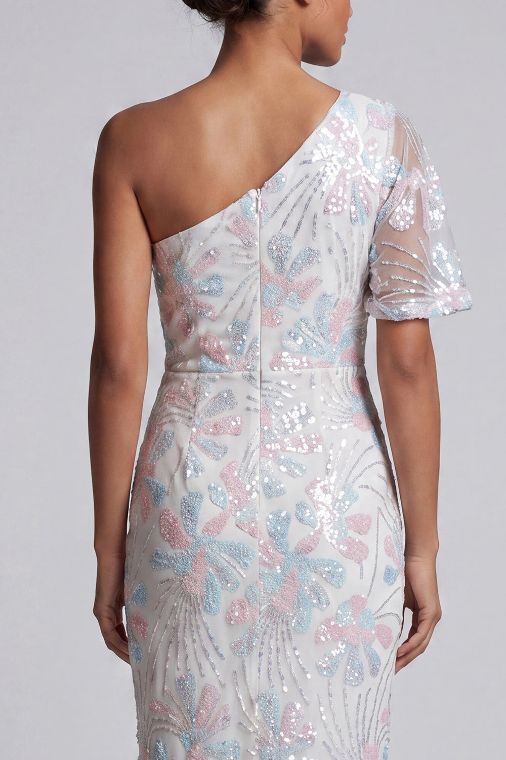 White Sheath One Shoulder Sequins Long Floral Mother of the Bride Dress