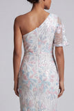 White Sheath One Shoulder Sequins Long Floral Mother of the Bride Dress