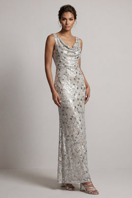 Sparkly Silver Sheath Cowl Neck Sequins Long Mother of the Bride Dress