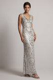Sparkly Silver Sheath Cowl Neck Sequins Long Mother of the Bride Dress
