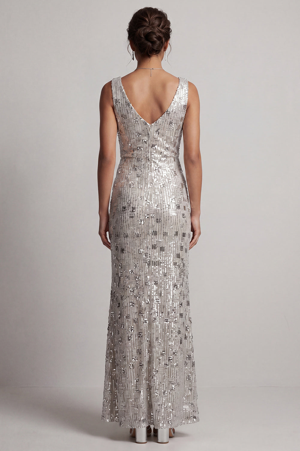 Sparkly Silver Sheath Cowl Neck Sequins Long Mother of the Bride Dress