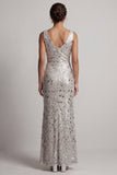 Sparkly Silver Sheath Cowl Neck Sequins Long Mother of the Bride Dress