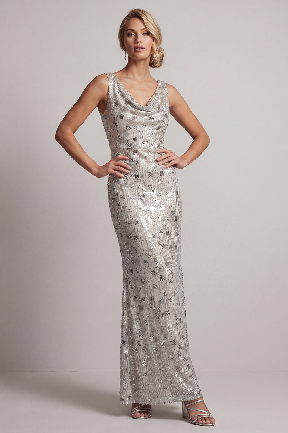 Sparkly Silver Sheath Cowl Neck Sequins Long Mother of the Bride Dress