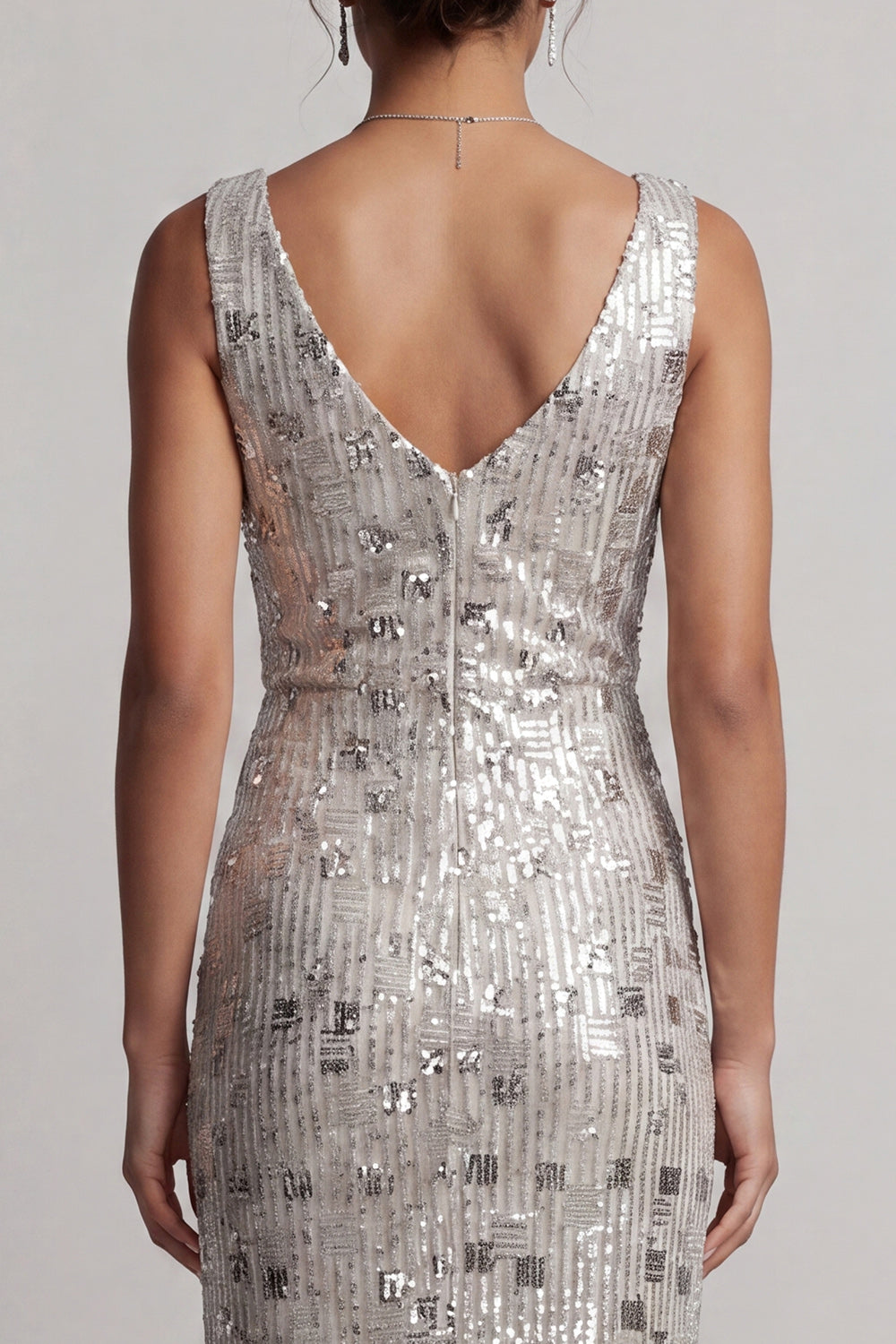 Sparkly Silver Sheath Cowl Neck Sequins Long Mother of the Bride Dress