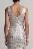 Sparkly Silver Sheath Cowl Neck Sequins Long Mother of the Bride Dress