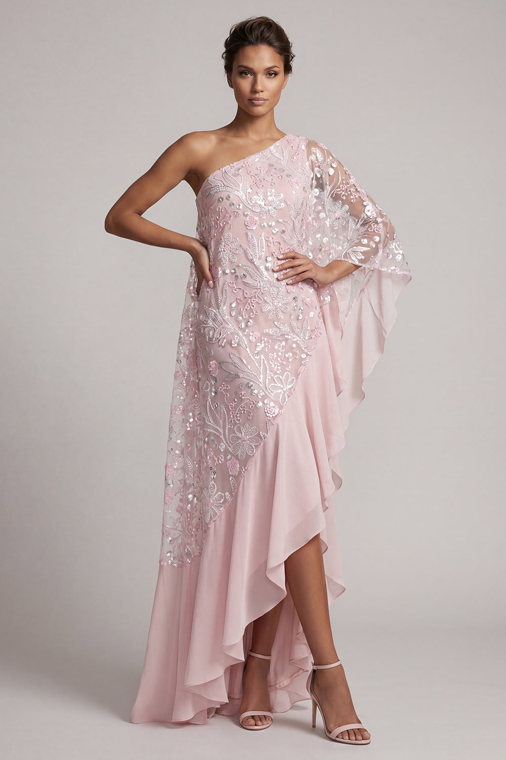 Pink One Shoulder Beaded Asymmetrical Floral Mother of the Bride Dress
