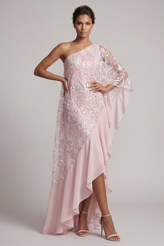 Pink One Shoulder Beaded Asymmetrical Floral Mother of the Bride Dress