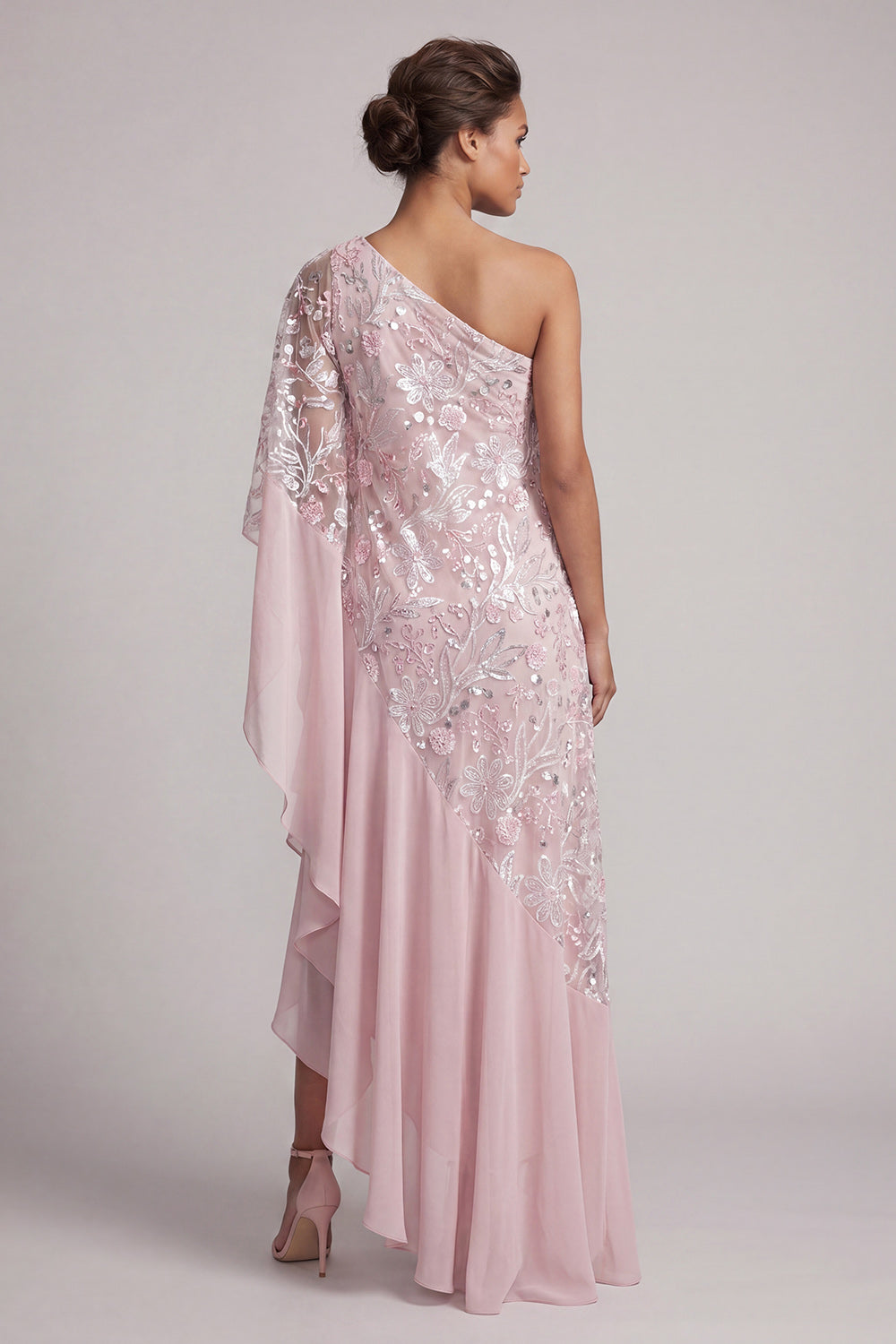 Pink One Shoulder Beaded Asymmetrical Floral Mother of the Bride Dress