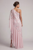 Pink One Shoulder Beaded Asymmetrical Floral Mother of the Bride Dress