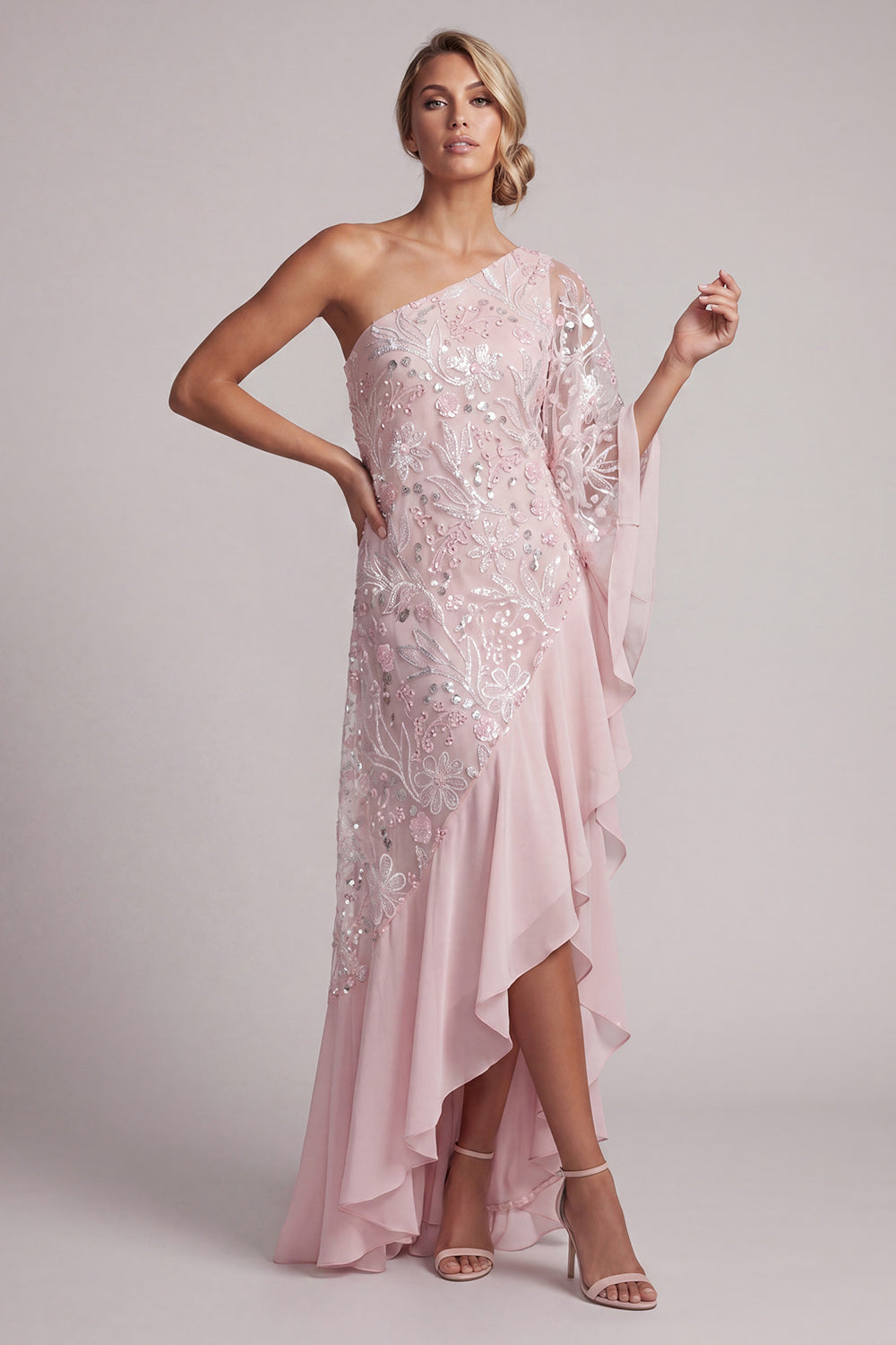 Pink One Shoulder Beaded Asymmetrical Floral Mother of the Bride Dress