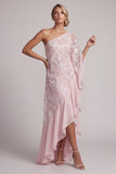 Pink One Shoulder Beaded Asymmetrical Floral Mother of the Bride Dress