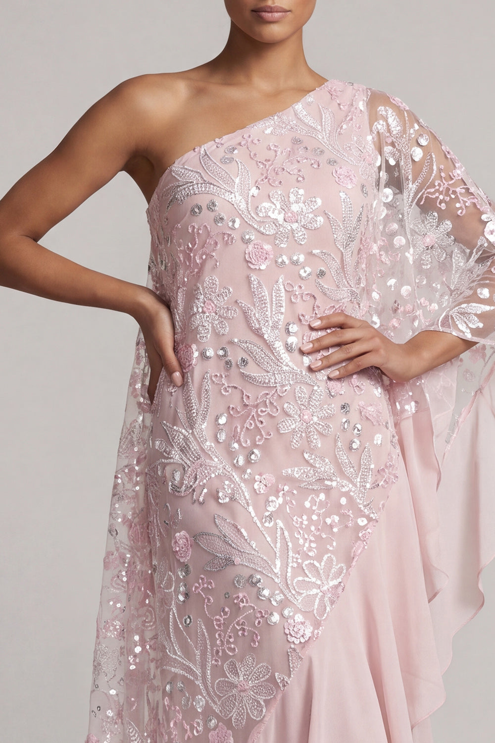 Pink One Shoulder Beaded Asymmetrical Floral Mother of the Bride Dress