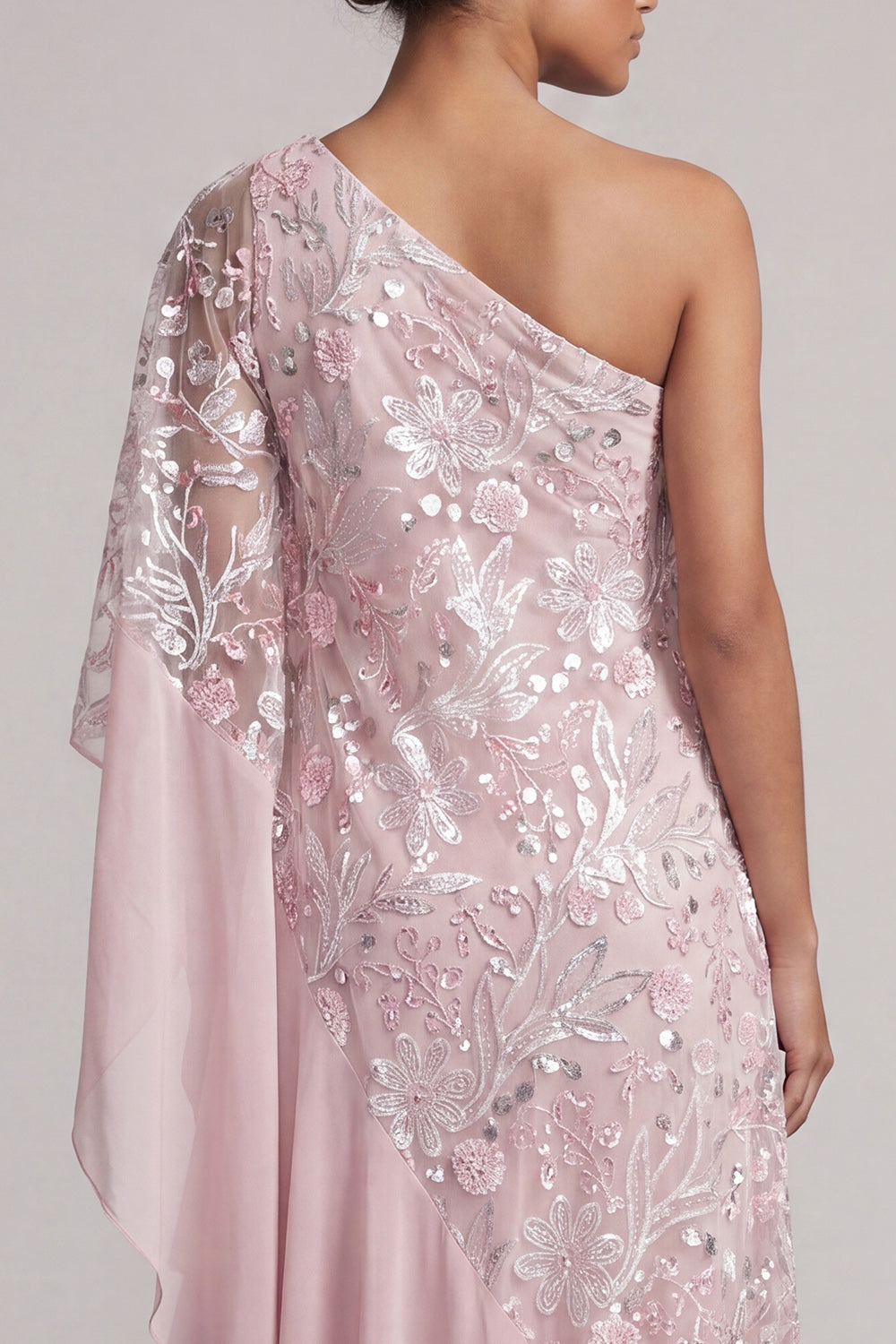 Pink One Shoulder Beaded Asymmetrical Floral Mother of the Bride Dress