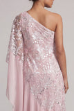 Pink One Shoulder Beaded Asymmetrical Floral Mother of the Bride Dress