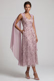 Fog A Line Floral Beaded Midi Mother of the Bride Dress with Pockets
