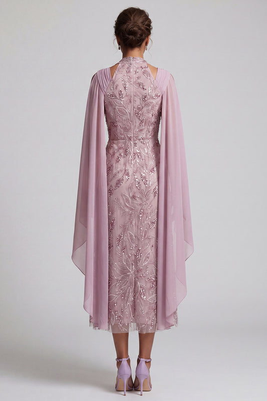 Fog A Line Floral Beaded Midi Mother of the Bride Dress with Pockets