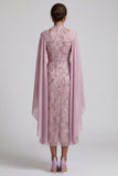 Fog A Line Floral Beaded Midi Mother of the Bride Dress with Pockets