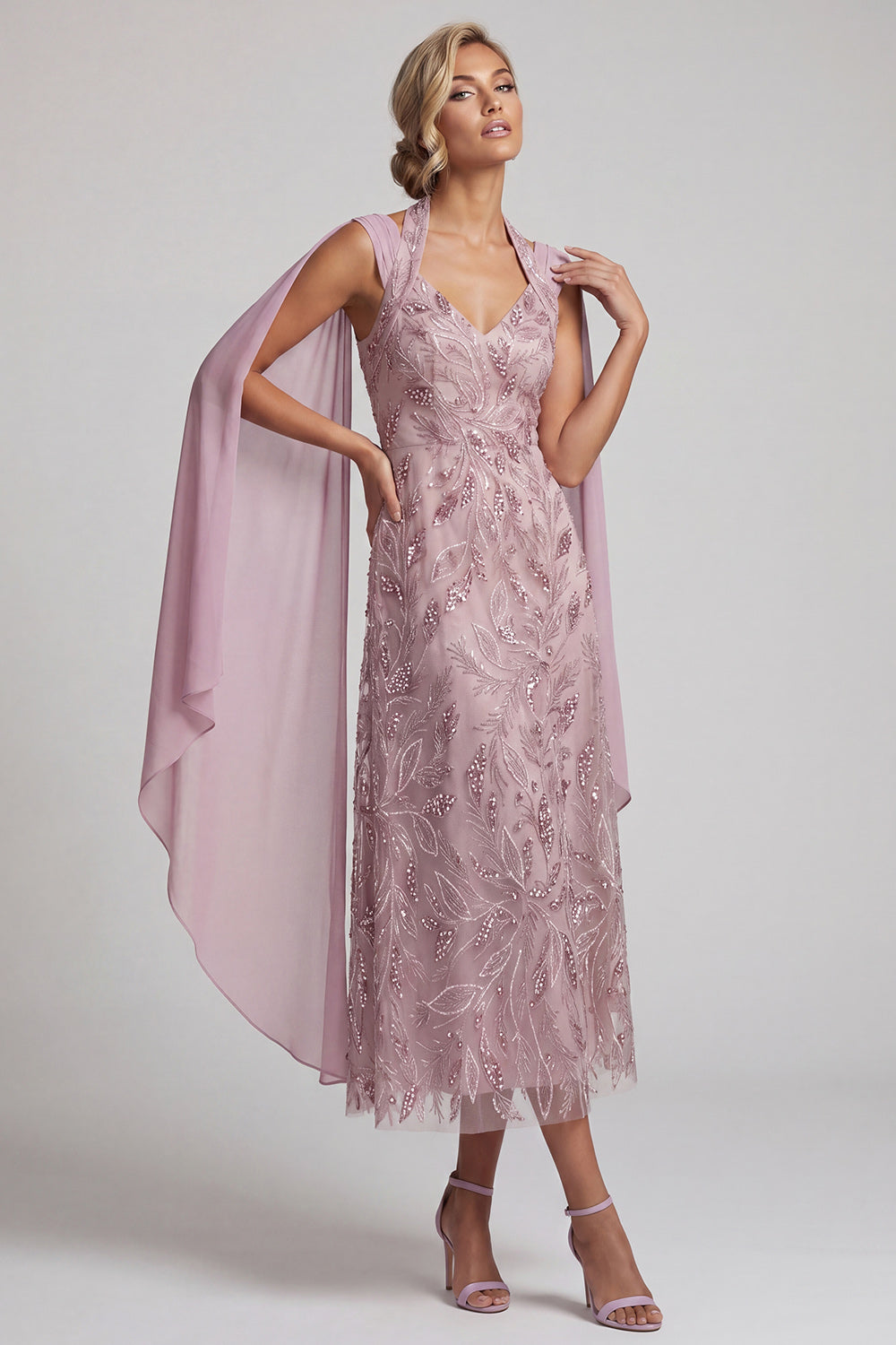 Fog A Line Floral Beaded Midi Mother of the Bride Dress with Pockets