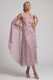 Fog A Line Floral Beaded Midi Mother of the Bride Dress with Pockets