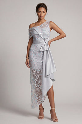 Light Grey Floral One Shoulder Asymmetrical Mother of the Bride Dress with Bow