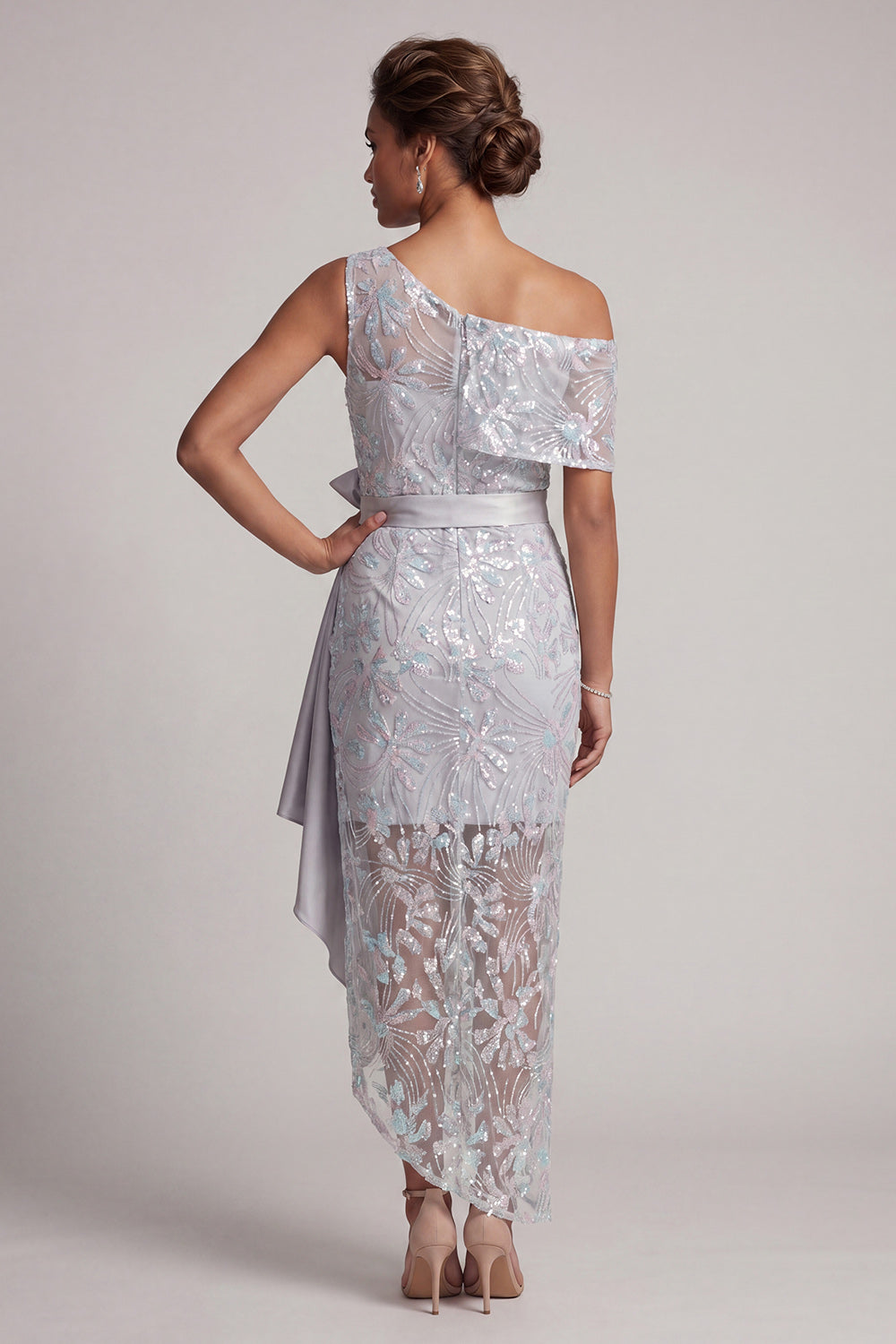 Light Grey Floral One Shoulder Asymmetrical Mother of the Bride Dress with Bow