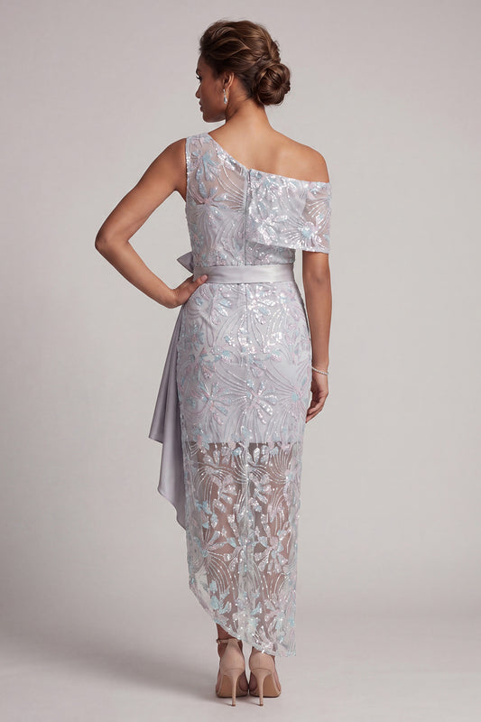 Light Grey Floral One Shoulder Asymmetrical Mother of the Bride Dress with Bow