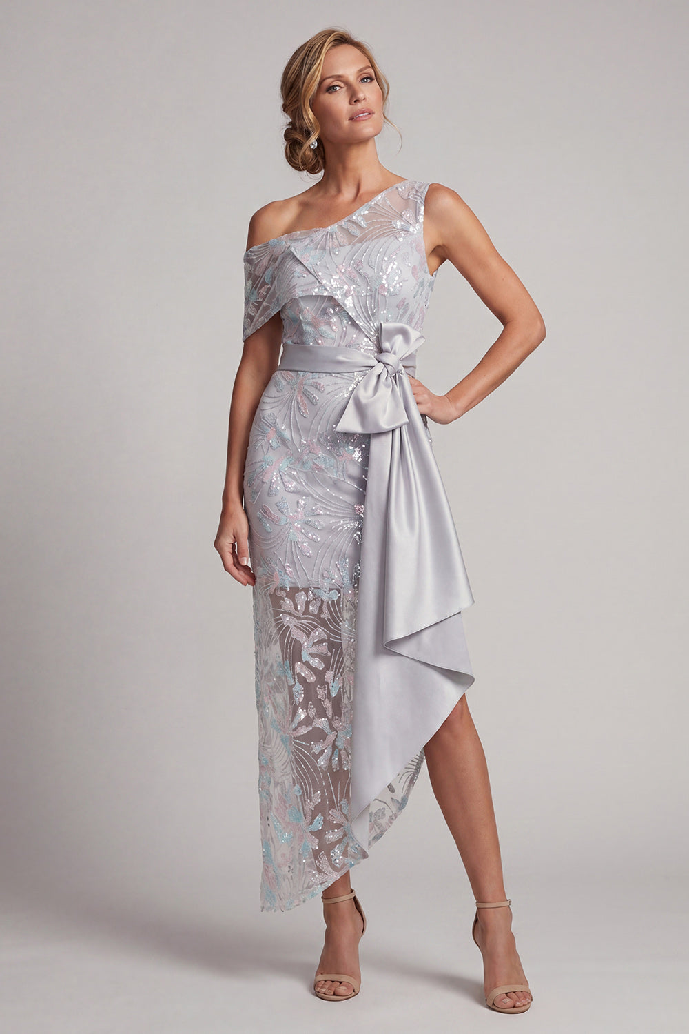 Light Grey Floral One Shoulder Asymmetrical Mother of the Bride Dress with Bow