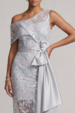 Light Grey Floral One Shoulder Asymmetrical Mother of the Bride Dress with Bow