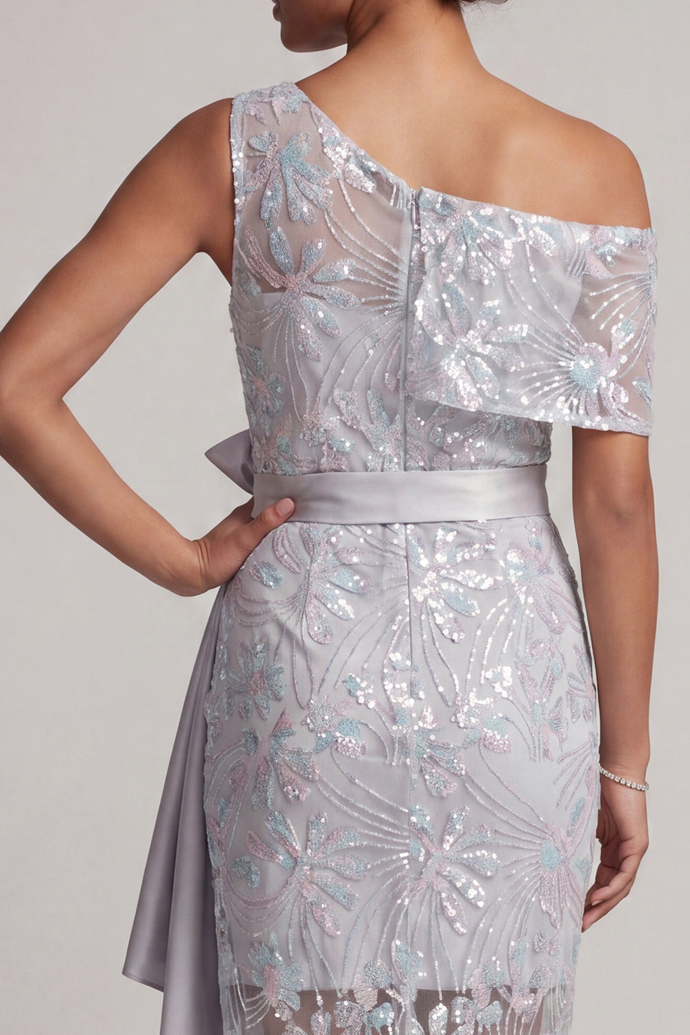 Light Grey Floral One Shoulder Asymmetrical Mother of the Bride Dress with Bow
