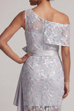 Light Grey Floral One Shoulder Asymmetrical Mother of the Bride Dress with Bow
