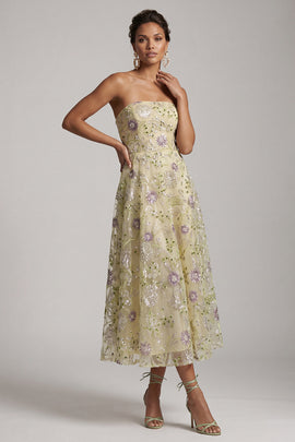 Dusty Sage A-Line Strapless Floral Beaded Midi Mother of the Bride Dress