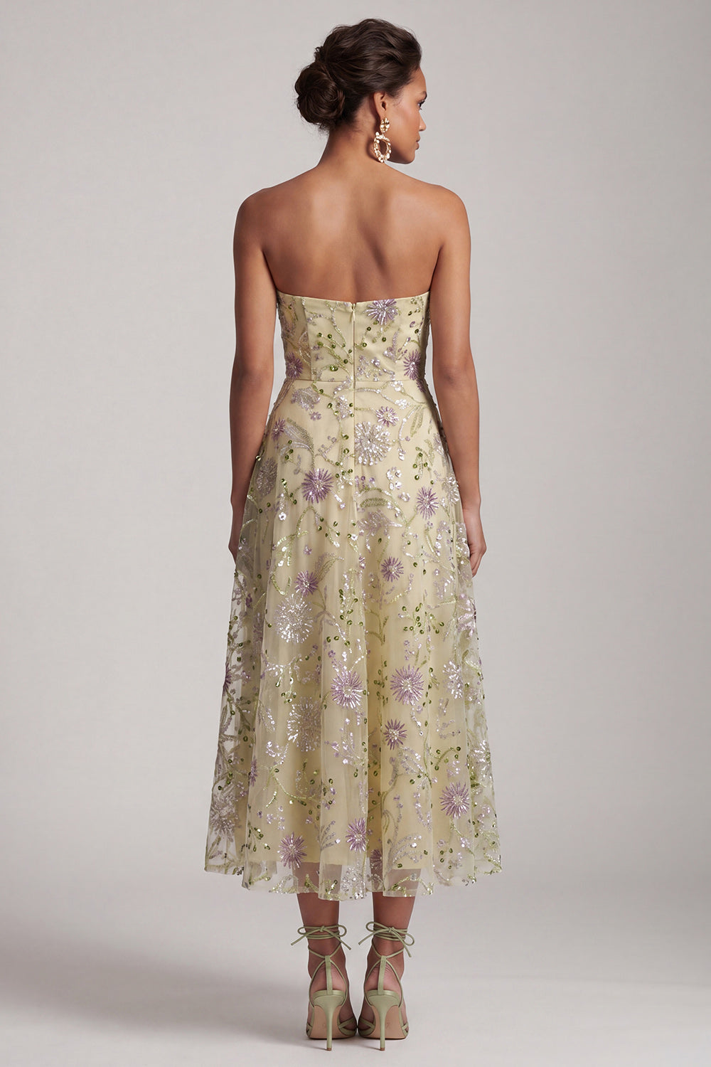 Dusty Sage A-Line Strapless Floral Beaded Midi Mother of the Bride Dress