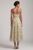 Dusty Sage A-Line Strapless Floral Beaded Midi Mother of the Bride Dress
