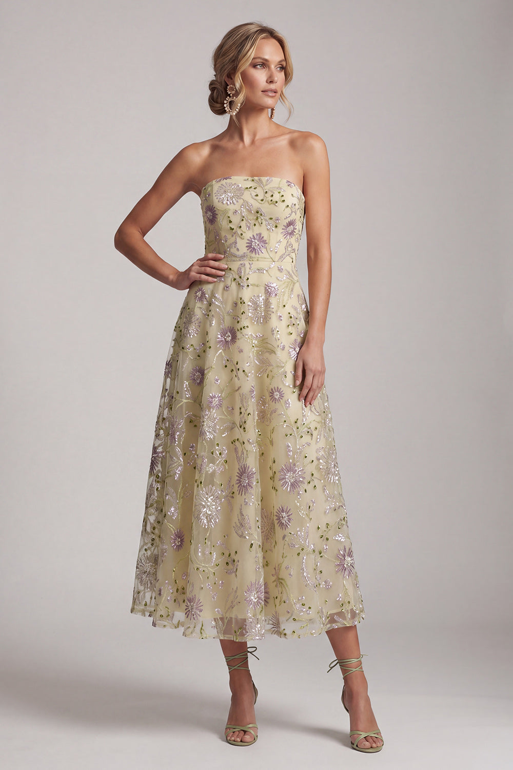 Dusty Sage A-Line Strapless Floral Beaded Midi Mother of the Bride Dress