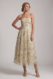 Dusty Sage A-Line Strapless Floral Beaded Midi Mother of the Bride Dress