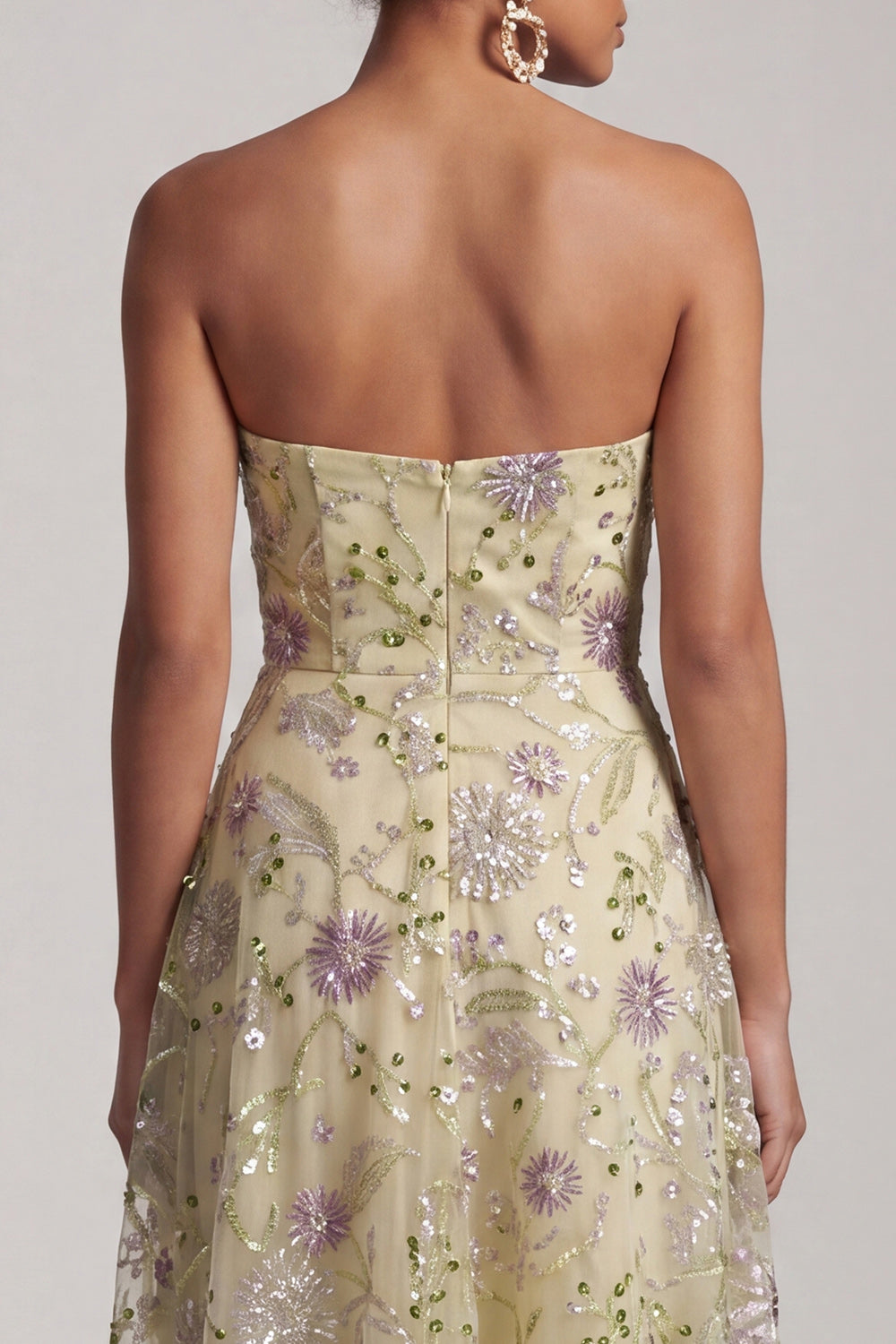 Dusty Sage A-Line Strapless Floral Beaded Midi Mother of the Bride Dress
