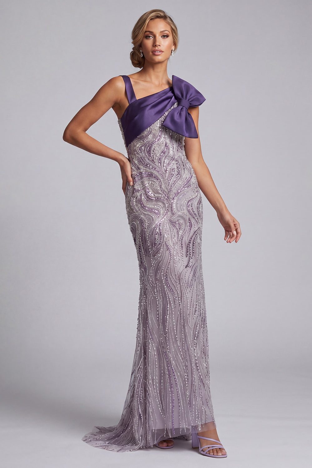 Purple Mermaid Beaded Long Mother of the Bride Dress with Bow