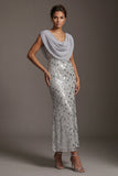 Sparkly Silver Mermaid Cowl Neck Sequins Long Mother of the Bride Dress